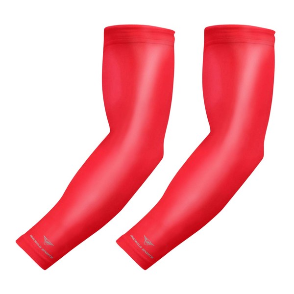 Bucwild Sports 1 Pair Arm Cooling Sun Protection Compression Arm Sleeves - Youth & Adult Sizes - Baseball Basketball Golf Tennis Running (Red, Small/Med (Adult))
