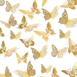 Gold 3D Butterfly Wall Decor - 48 Pcs, 4 Styles, 3 Sizes, Gold Butterfly Decorations for Birthday & Party Celebrations, Removable Stickers