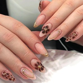 LOPMNGHT Brown Flowers Press on Nails Almond Medium Artificial Acrylic Nail 3D Gold Foil Stripes Floral Design Glossy Blossom Artificial Fingernails for Women Press Ons Glue on Nail Manicure 24Pcs
