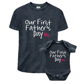 Our First Fathers Day Father Son Matching Shirts Father Daughter Gift for Father's (Dad Black/Baby Black, Dad (XX-Large) / Baby (6-9M))