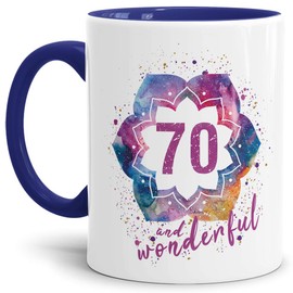 Geburtstags-Tasse 70 and Wonderful Geburtstags-Geschenk zum 70. Geburtstag als Geschenkidee für die Frau/Abstrakt/Bunt/Kaffeetasse/Innen & Henkel Dunkelblau
