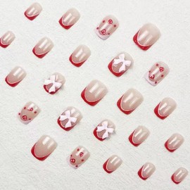 Short Press on Nails Square Fake Nails French Tip False Nails with 3D Bow Strawberry Design Glue on Nails Glossy Acrylic Artificial Nails Full Cover Stick on Nails for Women 24 Pcs