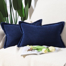Madizz Dark Blue Corduroy Cushion Covers with Fringe Edge 12x20 inch, 30x50 cm, Set of 2 Soft Boho Striped Pillow Covers Broadside Decorative Textured Throw Pillows for Sofa Bedroom Pillow Shell