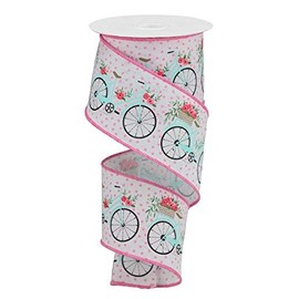 Bicycles on Royal Canvas Wired Edge Ribbon - 10 Yards (Bike - Pink, Blue, White, 2.5")