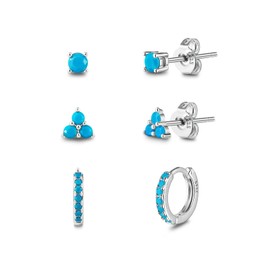 3 Pairs Turquoise Earrings Set: Blue Gemstone Stud Hoop Dainty Fashion Minimalist Trendy Hypoallergenic Shiny Vintage Special Jewelry Prom Party Birthday Gifts for Women Girls Mom (Silver)