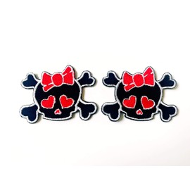 Set 2 pcs. Mini Cute Black Skull Head Red Heart Eyes and Bow Cross Bones Sew on Iron on Embroidered Applique Patch