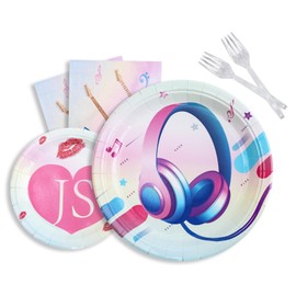 Music Party Decorations - Melody Themed Tableware Set Includes Plates, Napkins, Forks, Dinnerware Kit with Guitar and Headphone Design for Concert, Karaoke, Baby Shower, Birthday Party | Serve 24