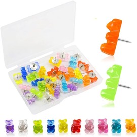 Pins for Pin Board, Pack of 30 Creative Push Pins Decorative Push Pins Colourful Clear Bear Push Pins Flat Coloured Thumbtacks with Storage Box for Maps, Photos, DIY Decoration