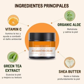 Astaxantina Crema Facial Antienvejecimiento - Crema Hidratante Repara Piel Despus del Sol, Aclara y Unifica el Tono, Reduce Poros - 50g1.69OZ