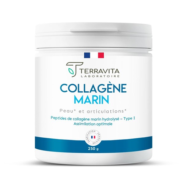 Patented Marine Colagène Powder + Vit C | 250 grams of Pure Collagen Peptides Type 1 | Soft Joints, Smooth and Moisturized Skin | Neutral Flavour | 100% French Die | Terravita