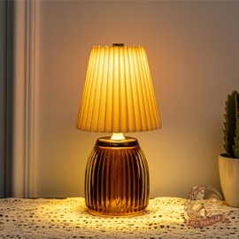 MJ Cordless Lamps with Timer Battery Operated Pleated Lamp Shade for Home Decor Emergency Battery Powered Small Lamps for Livingroom Bedroom Home Decor Beige