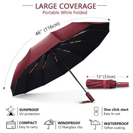 Lychico Umbrella, Windproof Travel Umbrella - Compact Automatic Folding Umbrellas for Rain, 12 Ribs Wind Resistant Portable Umbrellas for Single Hand Use, Small,Light, Strong Backpack Umbrella, Red