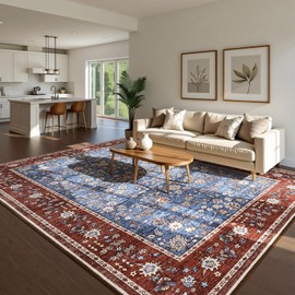 Softlife Washable Rug for Living Room, 5x7 Rugs for Kitchen, Non-Slip Oriental Indoor Mat Under Dinning Table, Mordern Print Home Carpets with Rubber Backing for Kids, Blue and Maroon