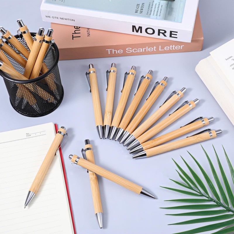 100 Bamboo Pens Bulk Wooden Retractable Ballpoint Pen Black Ink