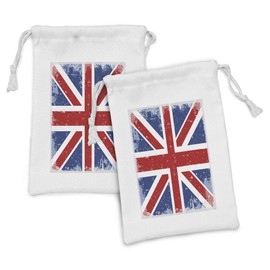 Lunarable British Fabric Pouch Set of 2, Abstract England London Flag Old Vintage Like Shadow Print, Small Drawstring Bag for Toiletries Masks and Favors, 9" x 6", Red Navy Blue and White