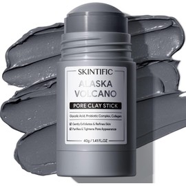 SKINTIFIC Mascarilla en Barra de Arcilla Volcánica – Limpieza Profunda de Poros, Elimina Puntos Negros, Arcilla Natural de Alaska con Ácido Glicólico, Cremosa y No Reseca, Para Todo Tipo de Piel, 40g