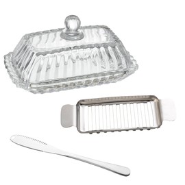 ‌Glass Butter Dish with Lid - All-in-One Solution for Kitchen Countertop & Refrigerator‌ 6.7" × 3.7" (17 × 9.4 cm) Essential for Home Cooks & Foodies, Bonus Butter Cutter & Knife Set Included
