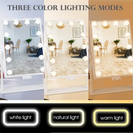 BWLLNI Vanity Mirror with Lights, Hollywood Lighted Makeup Mirror with Phone Holder, Smart Touch Control, 3 Color Lighting Modes, Detachable 10X Magnification, 360°Rotation(White)