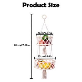 Jilskl Fruit Hanging Basket, Vegetable Basket, 2 Tier Hanging Fruit Basket, Braided Hanging Baskets, Handmade Basket Hanging Kitchen, Boho Hanging Baskets, Suitable for Kitchen, Living Room, Bathroom