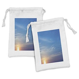 Ambesonne Yellow and Blue Fabric Pouch Set of 2, Sunrise Blurry Sky Horizon in the Middle of Nowhere Serene View, Small Drawstring Bag for Toiletries Masks and Favors, 9" x 6", Lavender Blue Yellow