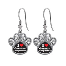 Inspired Silver - I Love German Shephers - Silver Dangle Earrings for Women - Pave Paw Charm Earrings French Hook Drop with Cubic Zirconia - Women's Dangly Earrings Jewelry Gift