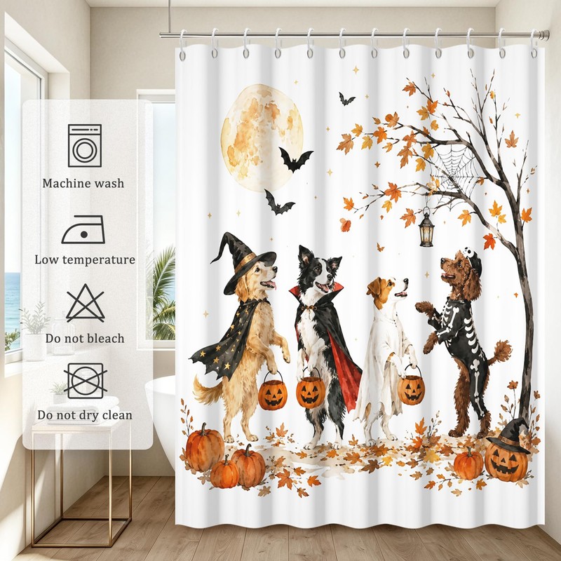 Halloween Dog Shower Curtain, Watercolor Puppies Witch Ghost Vampire Skeleton