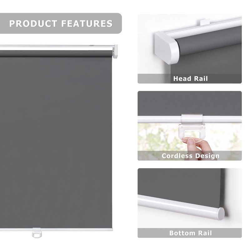 LazBlinds No Tools No Drill Cordless Roller Shades, 100% Blackout
