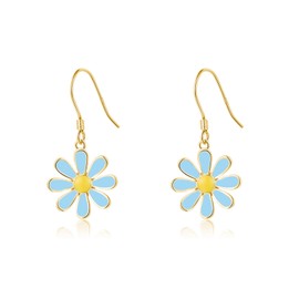 SLUYNZ 925 Sterling Silver Daisy Flower Dangle Earrings for Women Teens Blue Flower Drop Earrings Summer Spring Earrings (B-GOLD)