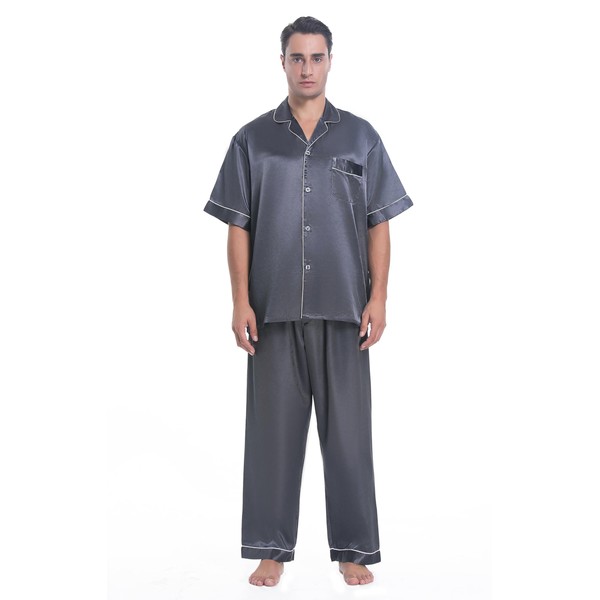 Lavenderi Men's Short Sleeve Classtic Satin Pajama Set (S, Silver)