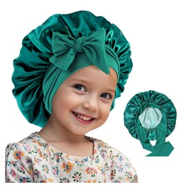 ZURLEFY Teal Silk Bonnet for Kids Sleeping, Cute Satin Hair Bonnet with Tie Band for Girls Boys Toddler Curly Hair Night Cap (68-02S)