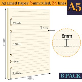 FANDAMEI 6 Pack A5 Refills Paper - 540 Pages/270 Sheets A5 Insert Ruled Lined Paper, 6 Hole Loose Leaf Punched Paper Refill for Diary Notebook