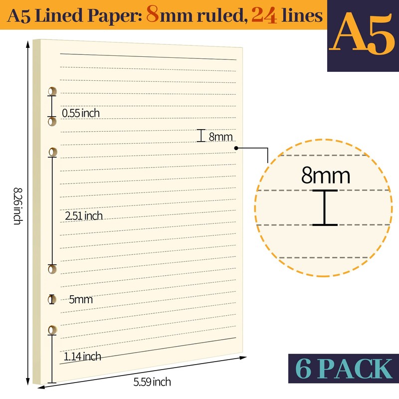 FANDAMEI 6 Pack A5 Refills Paper - 540 Pages/270 Sheets