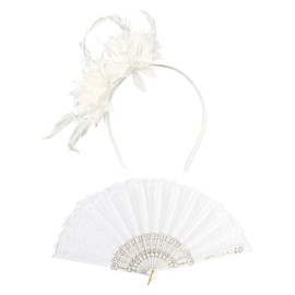 CWPFVQA 1 Feather Headband, 1 Lace Hand Fan Wedding Headband, Decorative Prom Headband, White Flower Headband, Women Hair Accessories, White