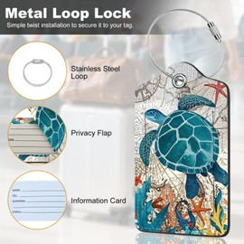 2Pack Luggage Tags for Suitcases, Cute Unique Pu Leather Cruise Luggage Tag with Privacy Cover ID Label Address Card and Metal Ring Suitable for Women Men Kids Travel Bag Retro Map Turtle