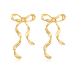 Atifober Cute Gold Bow Earrings Bow Drop Earrings Long Statement Earrings Bow Tassel Earrings Minimalist Gold Ribbon Earrings Elegant Bow Dangle Earrings For Women Prom Birthday Party Jewelry