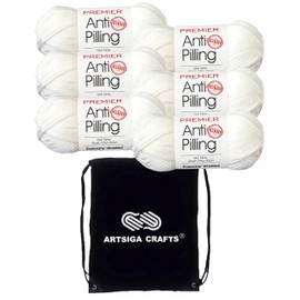 Premier Yarns Everyday Anti-Pilling Solid Snow White DN100-1 (6-Skeins - Same Dye Lot) #4 Worsted Weight Acrylic Yarn for Crocheting and Knitting - Bundle with 1 Artsiga Crafts Project Bag