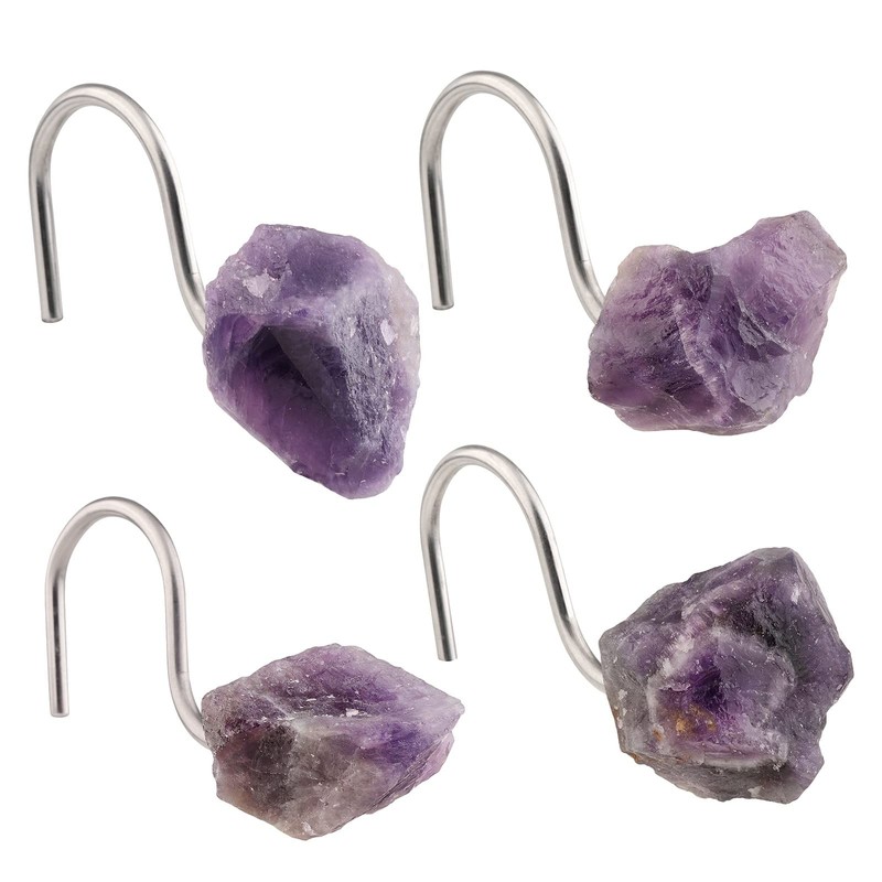 mookaitedecor Set of 4 Natural Amethyst Crystal Shower Curtain Hooks,