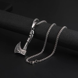 Viking Axe Necklace Thor's Hammer Necklace Nordic Compass/Cletic Knot Valknut/Raven/Odin Pendant Necklace Nordic Viking Talisman Amulet Jewellery for Men, Stainless Steel