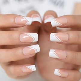 Nude White Press On Nails Medium Square French Glossy Gel Nails Full Cover False Nail Art Tips Salon Manicure Set