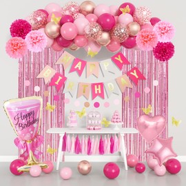 Pink Birthday Party Decorations Kit for Women Girls, Foil Confetti Rose Gold Hot Pink Balloons Happy Birthday Banner Fringe Curtains Butterfly Decor Circle Dots Tassels Pom Supplies 30th 40th 50th Her