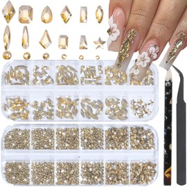 CharmeFleur Nail Rhinestones - 3D Multiple Shapes and Sizes Crystal, Champagne Gold Nail Gems, golden rhinestones for nails, flat-back, with set, for nail art, DIY embellishment