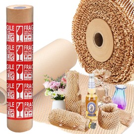 High-PQ Honeycomb Packing Paper, 15''W X 66'L Recycled Cushion Wrapping Roll with 10 Fragile Sticker Paper, Eco-Friendly Bubble Packing Paper Wrapping for Moving Suppliers, Shipping, Storage