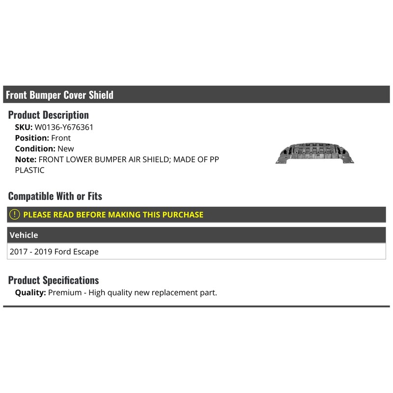 Front Lower Bumper Cover Shield - Compatible with 2017-2019 Ford