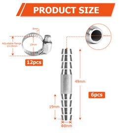 SUPAWAY Set of 6 8 mm Hose Barbs, 2-Way I-Shape, Compressed Air Hose Connector, 2-Way Straight 304 Stainless Steel Nozzle Connector with 12 Hose Clamps Coupler Plug Adapter for Fuel, Gas, Water