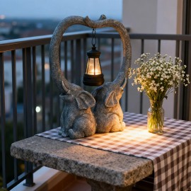 Solar Powered Elephant Trunk Heart Light Resin Sculpture, Gray Twin Elephants with Lantern, Nordic Garden Decor for WeddingColor: As picture, Size: One Size