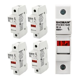 Baomain 5-Pack Cylindrical Fuse Holder RT18-32(X) 10 X 38mm Fuse Base Single Pole 35mm DIN Rail Mount 32A 690VAC with Indicator Light UR & CE Certified