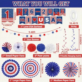 4th of July Decorations Set - 250th Anniversary Patriotic Red White Blue Paper Fans, USA Banner, Star Streamer, Pom Poms, Hanging Swirls for American Independence Day Party Decor