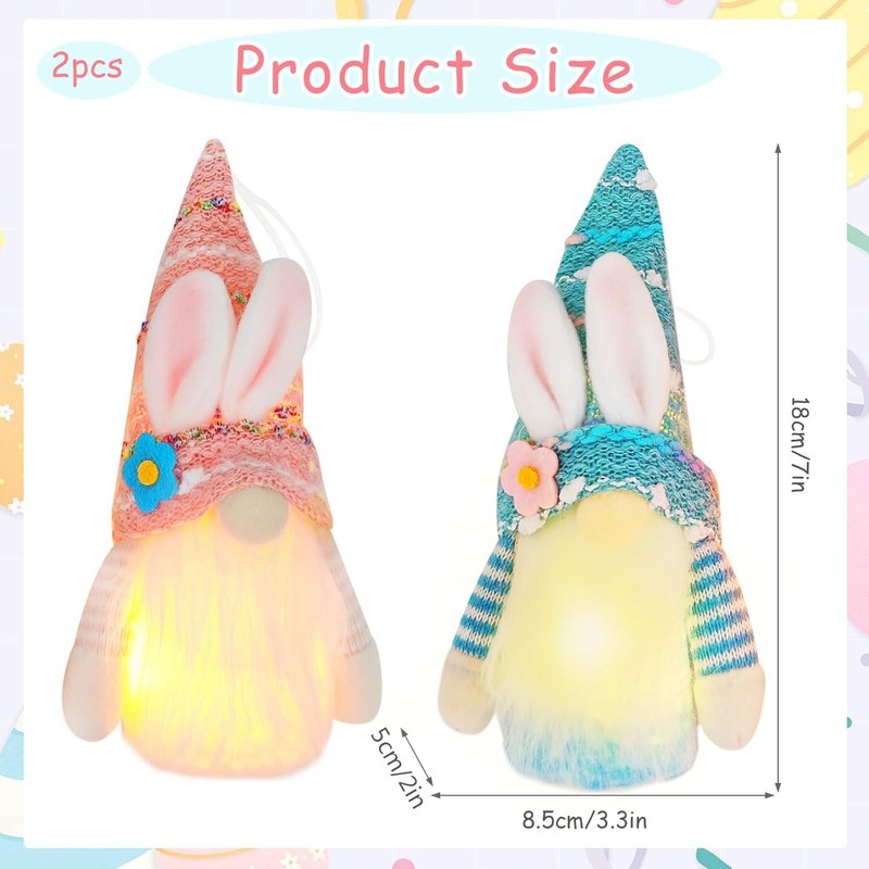 Pack of 2 Easter Gnome Illuminated, Easter Decoration Rabbit Gnome