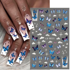 2 Sheets Butterfly Nail Stickers Spring Nail Art Decals 5D Engraved Self-Adhesive Pink Blue Butterfly Nail Designs Nail Stickers for Women Girls Kids DIY Nail Decoration Nail Supplies Accessories