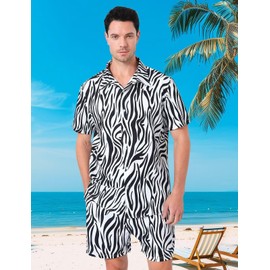 Fashonal Mens Zebra Print Shirts and Shorts Sets, Animal Tracksuits Causal Party Short Sleeve Hawaiian Summer 2 Pieces Outfit Sets, Zebra Size 4XL